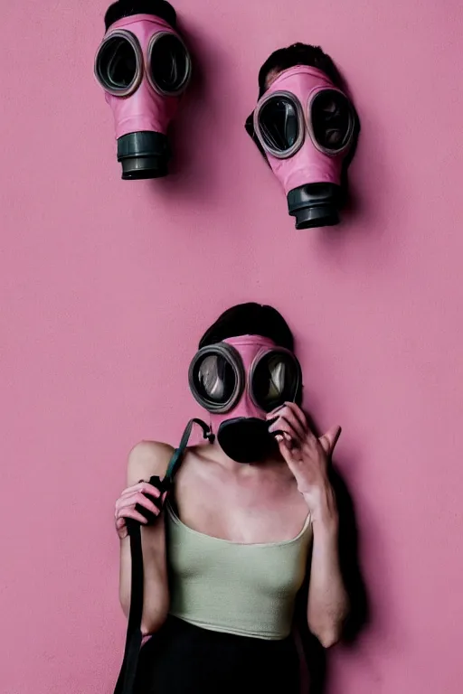 Image similar to a surreal portrait of intertwined and contorted figures wearing gas mask next to a pink wall in the style of brooke didonato, editorial fashion photography from vogue magazine, full shot, nikon d 8 1 0, ƒ / 2. 5, focal length : 8 5. 0 mm, exposure time : 1 / 8 0 0, iso : 2 0 0