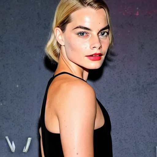 Image similar to a woman who is a genetic combination of margot robbie and emma watson face and upper - body focus