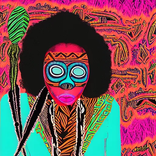 Prompt: Georgia Anne Muldrow, VWETO II, album art, 1970s, turquoise, side portrait, tribal mask inside mask, animalia, afro-psychedelia, afrocentric mysticism, in the style of Harumi Hironaka