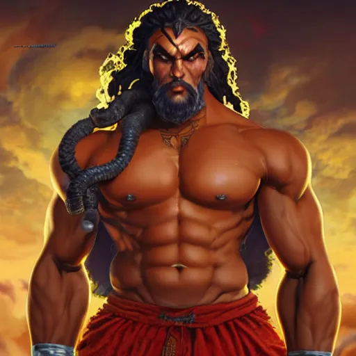 Image similar to jason momoa as dhalsim street fighter, ultra realistic, concept art, intricate details, highly detailed, photorealistic, octane render, 8 k, unreal engine, art by frank frazetta, simon bisley, brom