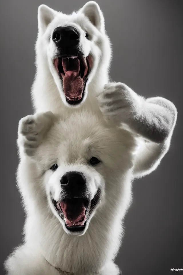 Image similar to samoyed dog head on a human body as a muay thai kickboxer, gloves on hands, cinematic lighting, film still