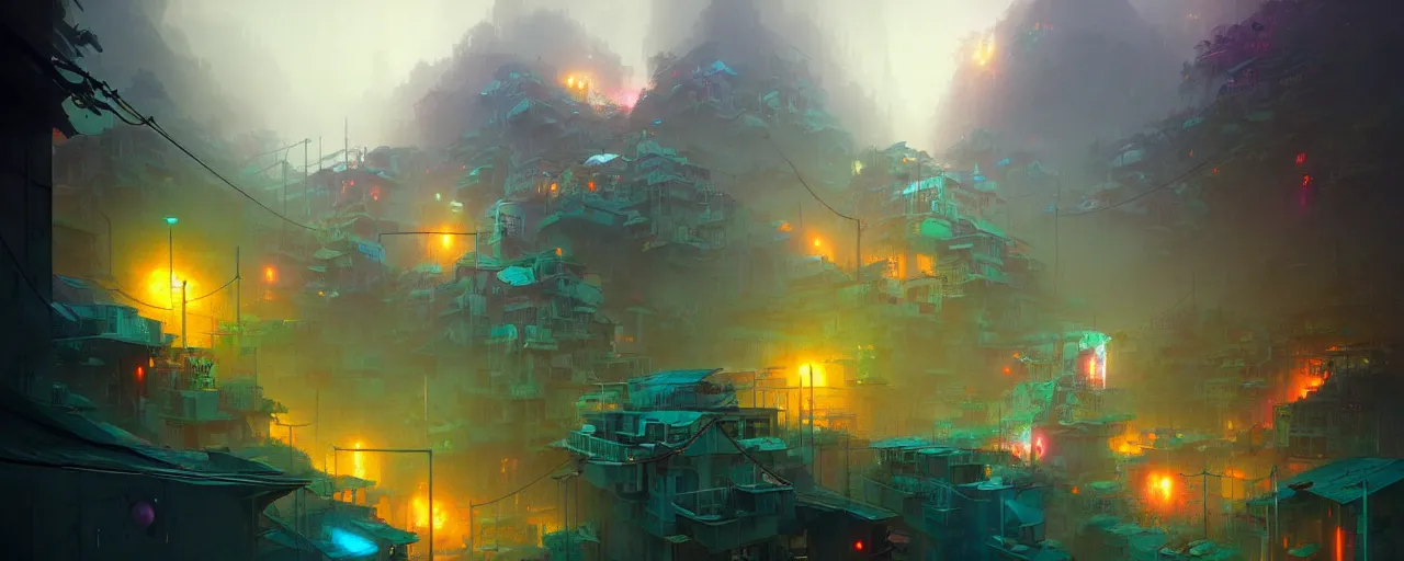 Image similar to cloud forest neon favelas by peter mohrbacher and craig mullins and james jean and marc simonetti