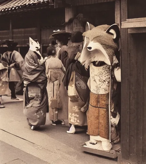 Image similar to 1 8 th century japanese street market in kyoto 1 9 0 0 s photography photo portrait anthro anthropomorphic fox head animal person fursona wearing clothes street trader