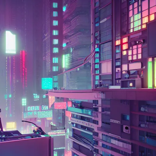 Prompt: the cyberpunk apartment, render, octane, 4k, highly detailed, vivid colors, high definition, by James Gilleard and Makoto Shinkai