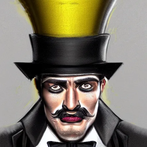 Image similar to a highly detailed portrait of a man in a high top hat covering his face, in a black tailcoat with a yellow waistcoat under the tailcoat, artstation, deviantart, professional, unreal engine 5, photorealistic