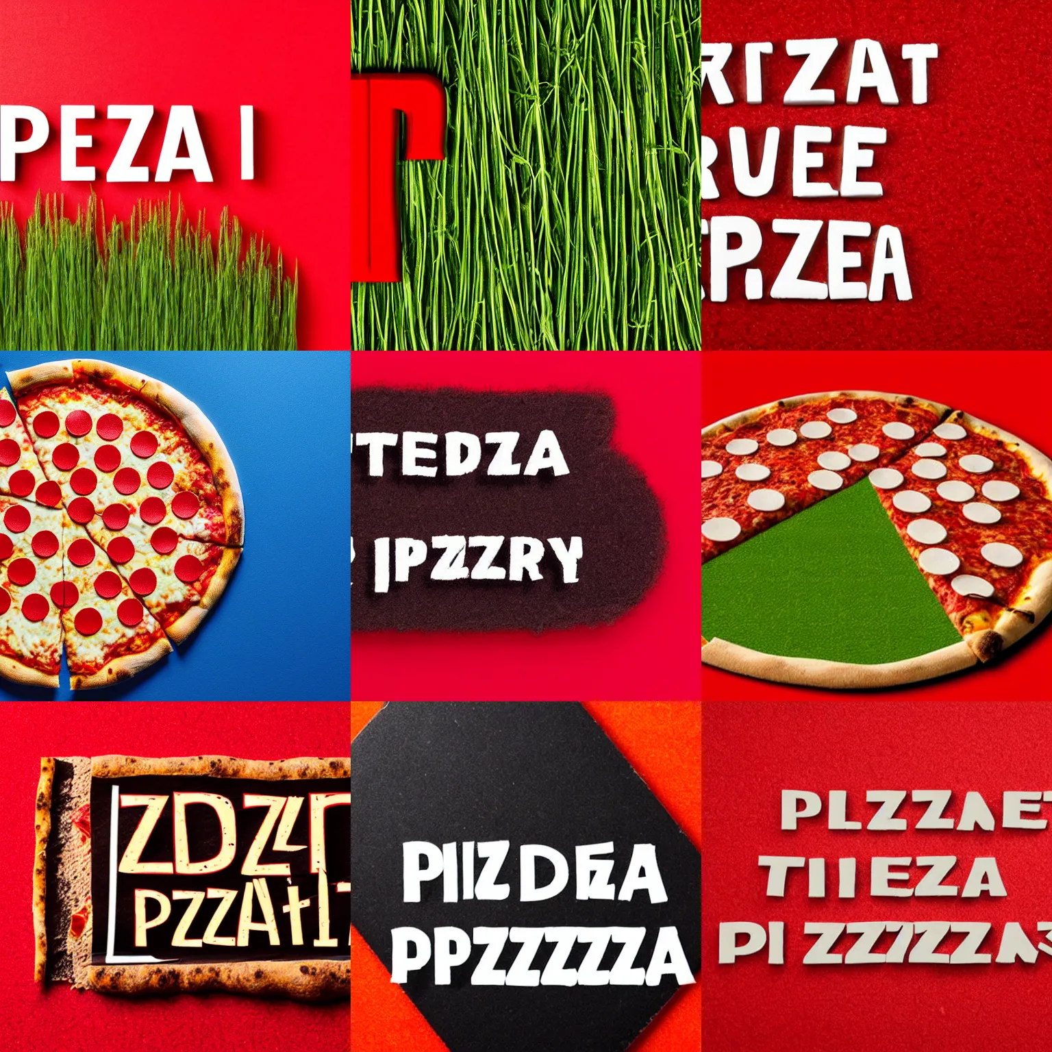 Prompt: picture of a text, red background, text made out of grass - fiber saying pizza