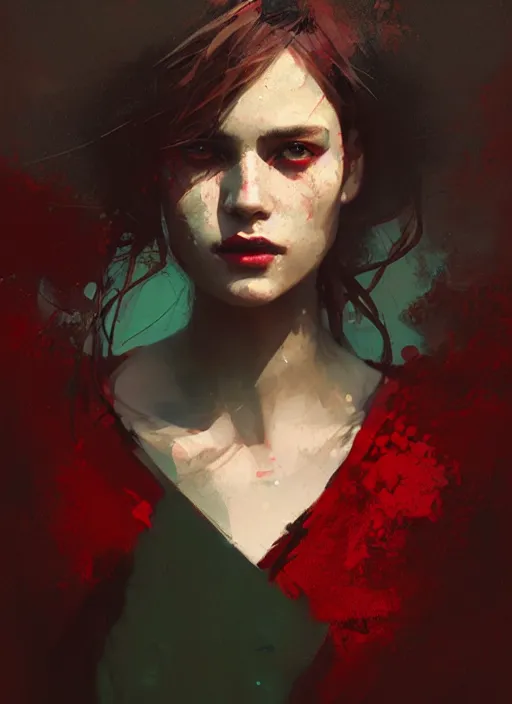 Image similar to outdoor portrait of a beautiful girl, shades of red and green, beautiful face, rule of thirds, intricate outfit, spotlight, by greg rutkowski, by jeremy mann, digital painting