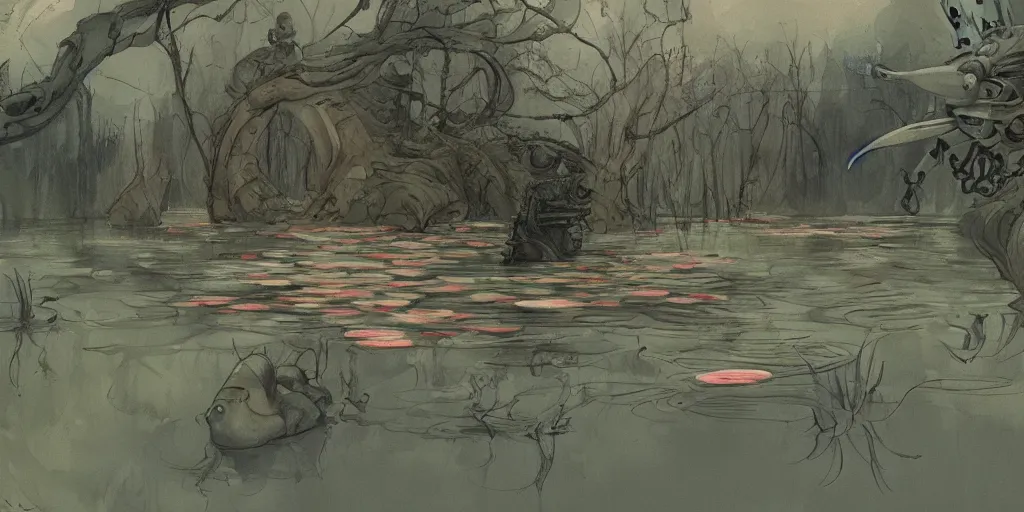 Prompt: a beautiful painting of a robot pond by abigail larson, trending on artstation