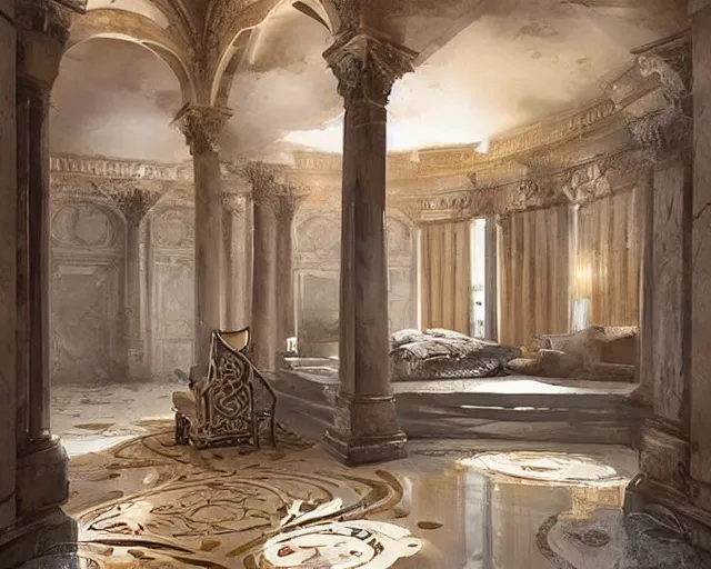 Image similar to a luxury hotel! suite room in the style of roman empire architecture, art by greg rutkowski and artgerma, stunning! concept art, interior! design