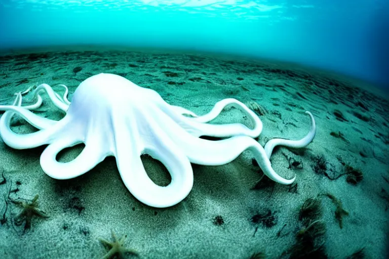 Image similar to underwater photography of a gigantic white octopus walking at the shore of the beach