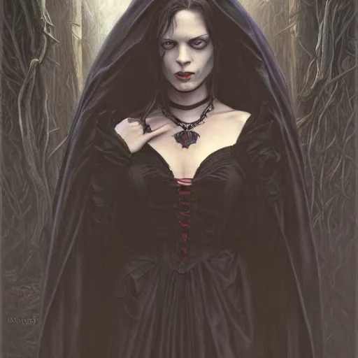 Image similar to portrait of a lady vampire, 35mm, victorian, depth of field, ominous, sharp, highly detailed, photorealistic, realistic, unreal 5, high definition, 8k, deviantart, donato giancola, irwin penn