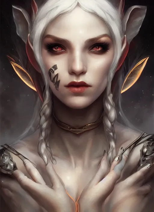 Prompt: female elf painted by artgerm and tom bagshaw, fantasy art, dramatic lighting, highly detailed oil painting