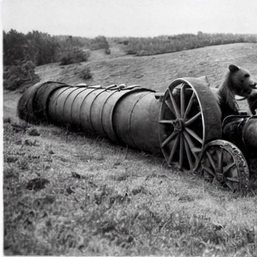 Prompt: a picture of a enormous bear pulling a towed artillery gun behind him, eastern front, historical picture