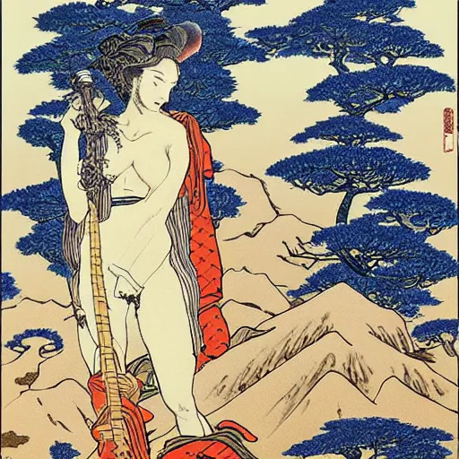 Image similar to Tucker Carlson The Goddess of Nature in a desert, by Hokusai and James Gurney