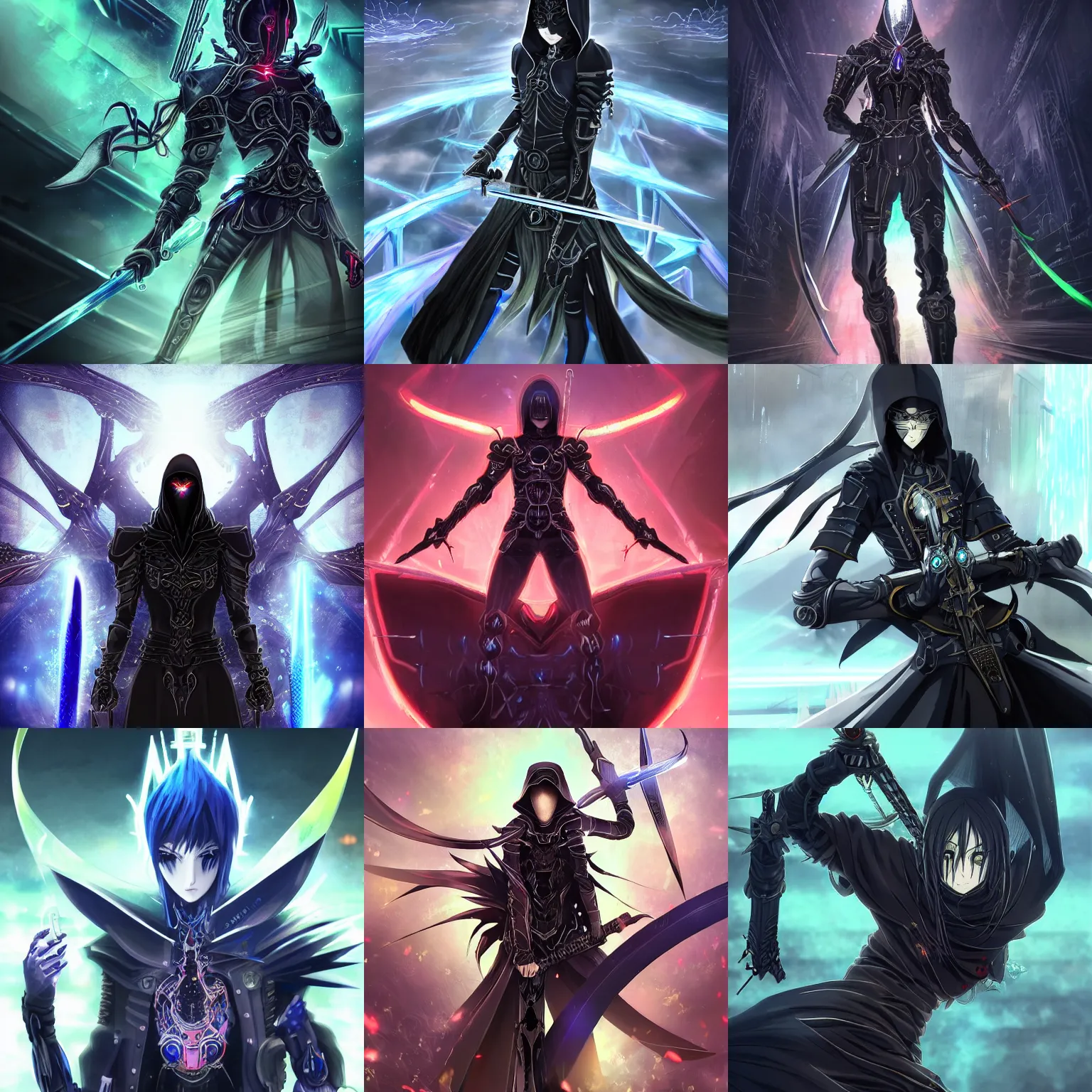 KREA - Powerful intricate ornate cybernetic dark hooded assassin sword  fighting the warrior god of chaos, beautiful high quality realistic anime  CGI from Makoto Shinkai, fantasy, detailed, iridescent, technological,  gothic influence, royal