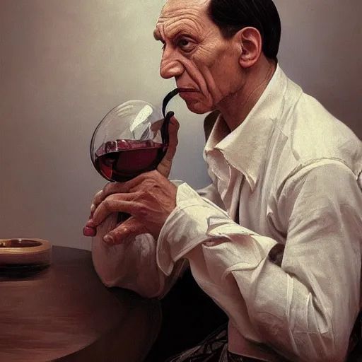 Prompt: portrait painting of pablo picasso drinking wine, ultra realistic, concept art, intricate details, serious, highly detailed, photorealistic, octane render, 8 k, unreal engine. art by artgerm and greg rutk owski and alphonse mucha