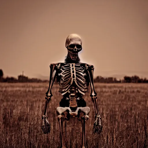 Image similar to Skeletal Cybernetic Man, Abandoned Field, Abandoned City Background, Dark, Dusty, Orange Hue, Old, Scary, Horror, Realistic, 4k, High Detail, High Resolution