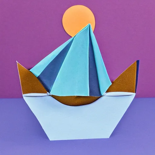 Prompt: a girl in a origami paper boat at dusk