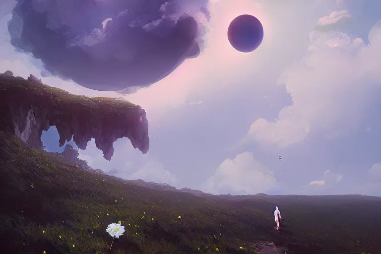 Image similar to giant white daisy flower under the head, girl walking on cliff, surreal photography, solar eclipse, milky way, dramatic light, impressionist painting, clouds, digital painting, artstation, james gilleard, liam wong, jeremy mann, simon stalenhag