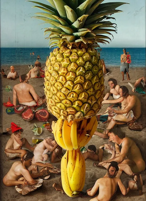 Image similar to jeff goldblum playing maraca pineapple as a banana on the beach by arcimboldo giuseppe