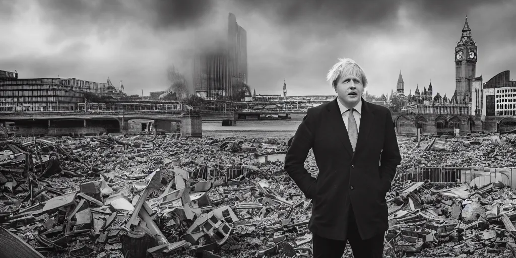Image similar to a portrait of Boris Johnson standing in front a nuclear landscape of the southbank centre in london, the london eye and big ben are still standing, collapsed brutalist architecture, groups of human figures stagger amongst the ruins, fog, dust atmosphere, brooding clouds, mushroom cloud, detailed, 4k