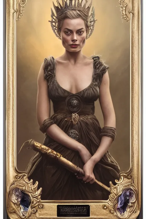 Image similar to A stunning realistic fine art painting of Margot Robbie as a queen by Tom bagshaw, studio portrait, 50mm lens 4k,