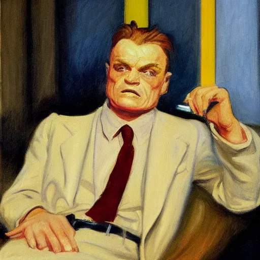 Image similar to A portrait of James Cagney smoking a cigar in a busy hotel lobby, painting by Edward Hopper and John Singer Sargent