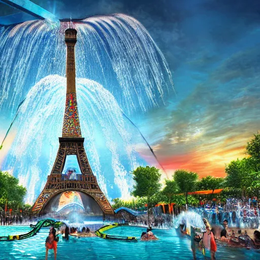 Prompt: paris eiffel tower waterpark with water slides, digital art, epic composition, highly detailed, cinematic lighting