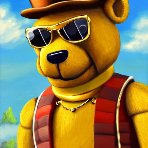 Prompt: a very detailed, 4 k, painting of freddy fazbear wearing shades and a gold chain