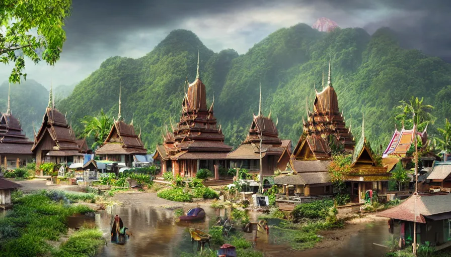 Image similar to matte painting of a beautiful thai village, digital art, trending on artstation