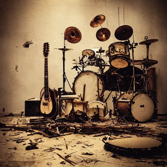 Prompt: “Broken Steampunk guitar, keyboard and drums in abandoned factory. Minimalistic. Cinematic lighting. Old torn photograph. Fisheye lens.”