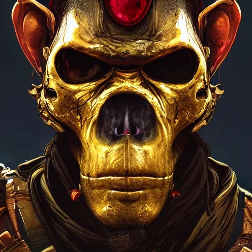 Image similar to a golden skull face monkey warrior with a ruby in his forehead, Apex Legends character digital illustration portrait design, by android jones, detailed, cinematic lighting, wide angle action dynamic portrait