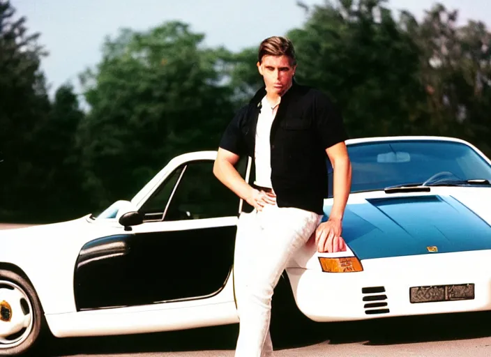 Image similar to color photo of a cool handsome photomodel with arms crossed leaning against a white porsche 9 1 1 in the 8 0's. girl beside him