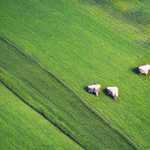 Prompt: an aerial shot of a rural landscape with fields and cows, Sunset, tilt shift