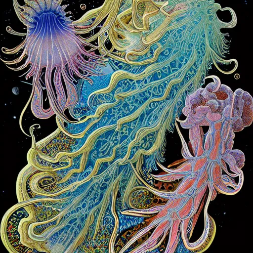 Prompt: colorful space jellyfish by ernst haeckel and geoff darrow