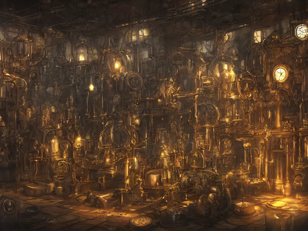 Prompt: large steampunk alchemy lab, beautiful digital art, atmospheric and highly detailed, trending on artstation