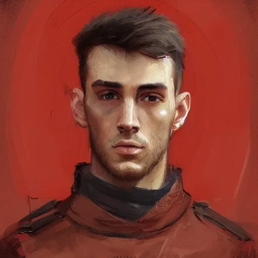 Prompt: Portrait of a man by Greg Rutkowski, he is about 20 years old, copper short hair, his features are a mix between Scottish and Arabian, strong and tall, older brother vibes, he is wearing utilitarian red and black jumpsuit, highly detailed portrait, digital painting, artstation, concept art, smooth, sharp foccus ilustration, Artstation HQ.