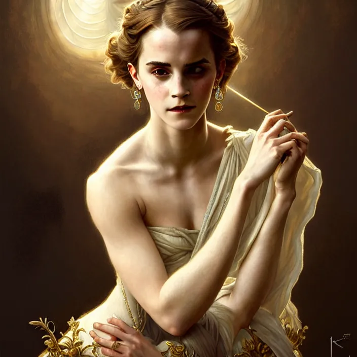 Image similar to ancient queen emma watson, diffuse lighting, fantasy, intricate, elegant, symetrical, highly detailed, lifelike, photorealistic, digital painting, artstation, illustration, concept art, smooth, sharp focus, art by john collier and albert aublet and krenz cushart and artem demura and alphonse mucha