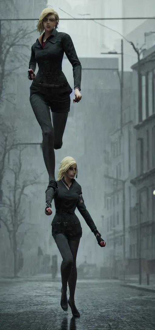 Prompt: beautiful annie leonhart running on high heels with open toe in dunwall city, redshift render, beautiful face, detailed face, cinematic lighting, rainy weather, melancholy atmosphere, volumetric light, octane render, dishonored 1, gothic architecture, realistic reflections, octane render 8 k, model women