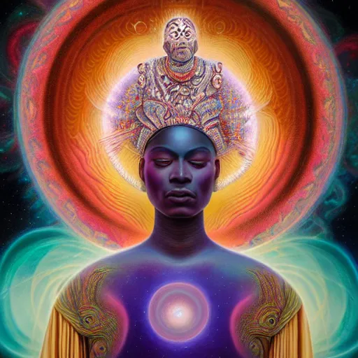 Prompt: obatala the cosmic god sitting on a throne of nebula clouds, by Adi granov and afarin sajedi and amanda sage and evgeni gordiets in a psychedelic portrait style, ultrarealistic matte painting, volumetric lighting, piercing eyes, highly detailed face, orisha, 8k, hd