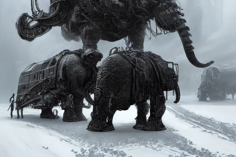 Image similar to an intricate futuristic black steam train and a giant mammoth, post - apocalyptic ice landscape in snowstorm, concept art, artstation, highly detailed, digital art