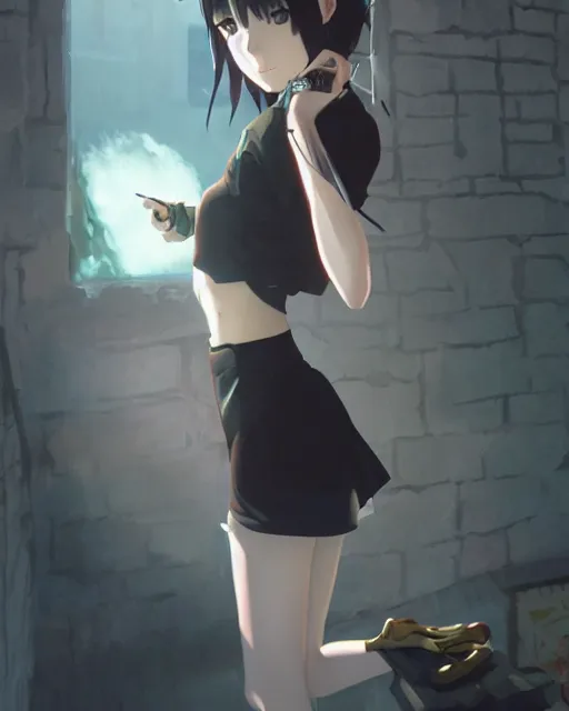 Image similar to goth smoking girl, full shot, atmospheric lighting, detailed face, by makoto shinkai, stanley artger m lau, wlop, rossdraws, james jean, andrei riabovitchev, marc simonetti, krenz c