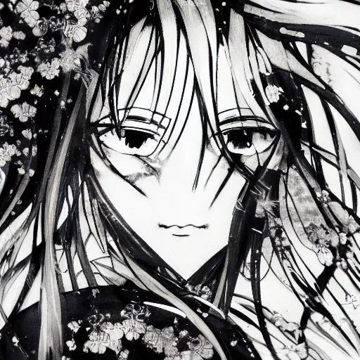 Prompt: Yoshitaka Amano blurred and dreamy illustration of an anime girl with black eyes, wavy white hair fluttering in the wind and cracks on her face wearing black and white hawaiian shirt, abstract black and white patterns in the background, noisy film grain effect, highly detailed, Renaissance oil painting, weird portrait angle