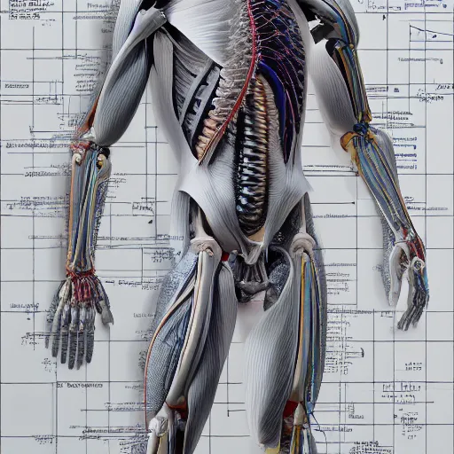 Image similar to detailed and intricate design of a full body of human anatomy, 3 d design, great finesse organic hyper detailed, engineering blueprints, technical drawings, calculus, stained paper, hyperrealistic, ultra detailed, 4 k, octane render, unreal engine