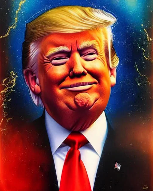 Image similar to donald trump with a subtle smirky smile painted by drew struzan, intrincate background, clear highly detailed, beautiful sci fi art