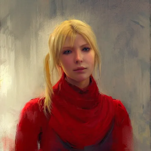 Prompt: portrait painting of Lyse from Final Fantasy XIV, the lady in red, wide angle, by Richard Schmid and Jeremy Lipking