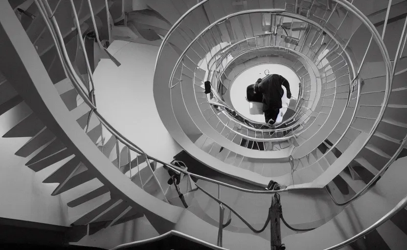 Image similar to zoomed out photo of frank ocean walking up a spiral staircase in the centre of the room, greyscale,