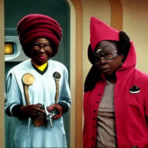 Prompt: guinan from star trek wearing random kitchen tools on her head on the starship enterprise, played by a young whoopi goldberg