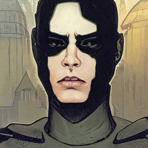 Image similar to portrait of rubbery, gaunt albino mutant with moist skin, sharp features, large lips, huge black eyes and determined expression, wearing fascist Byzantine police uniform and standing on cyberpunk docks, Dune concept art by Anato Finnstark, Alphonse Mucha, and Greg Rutkowski