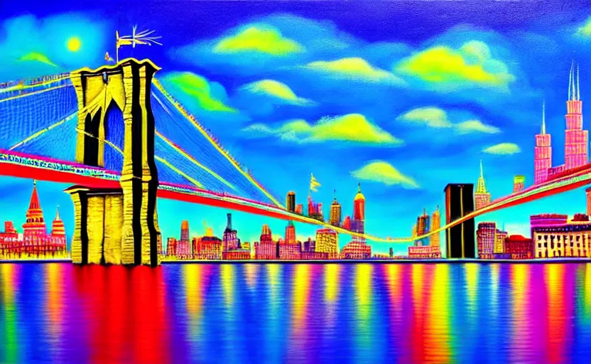 Image similar to a surreal colourful painting of brooklyn bridge on top of kremlin